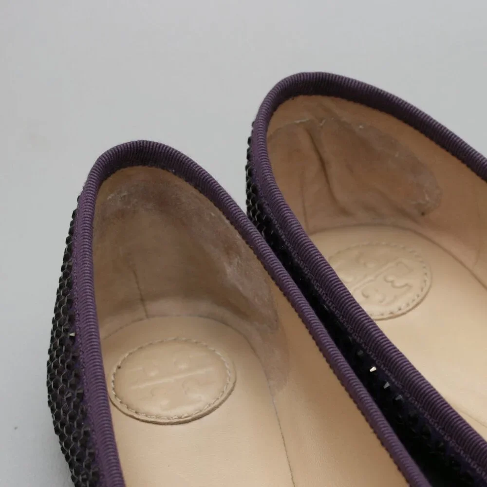 Tory Burch Ladies 10 Purple Suede Leather Crystals Strass Bow Ballet Shoes Flats - Picture 7 of 12